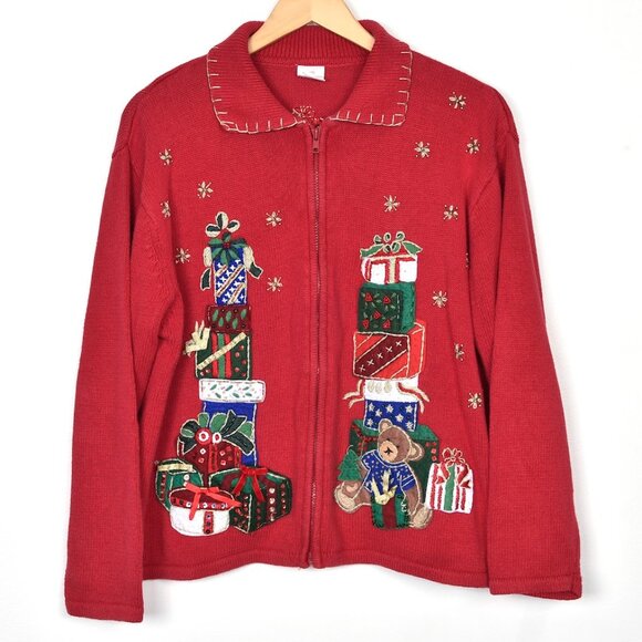 Vintage Christmas Holiday Red Sweater Embroidered Handmade Embellished Cardigan - Picture 1 of 9